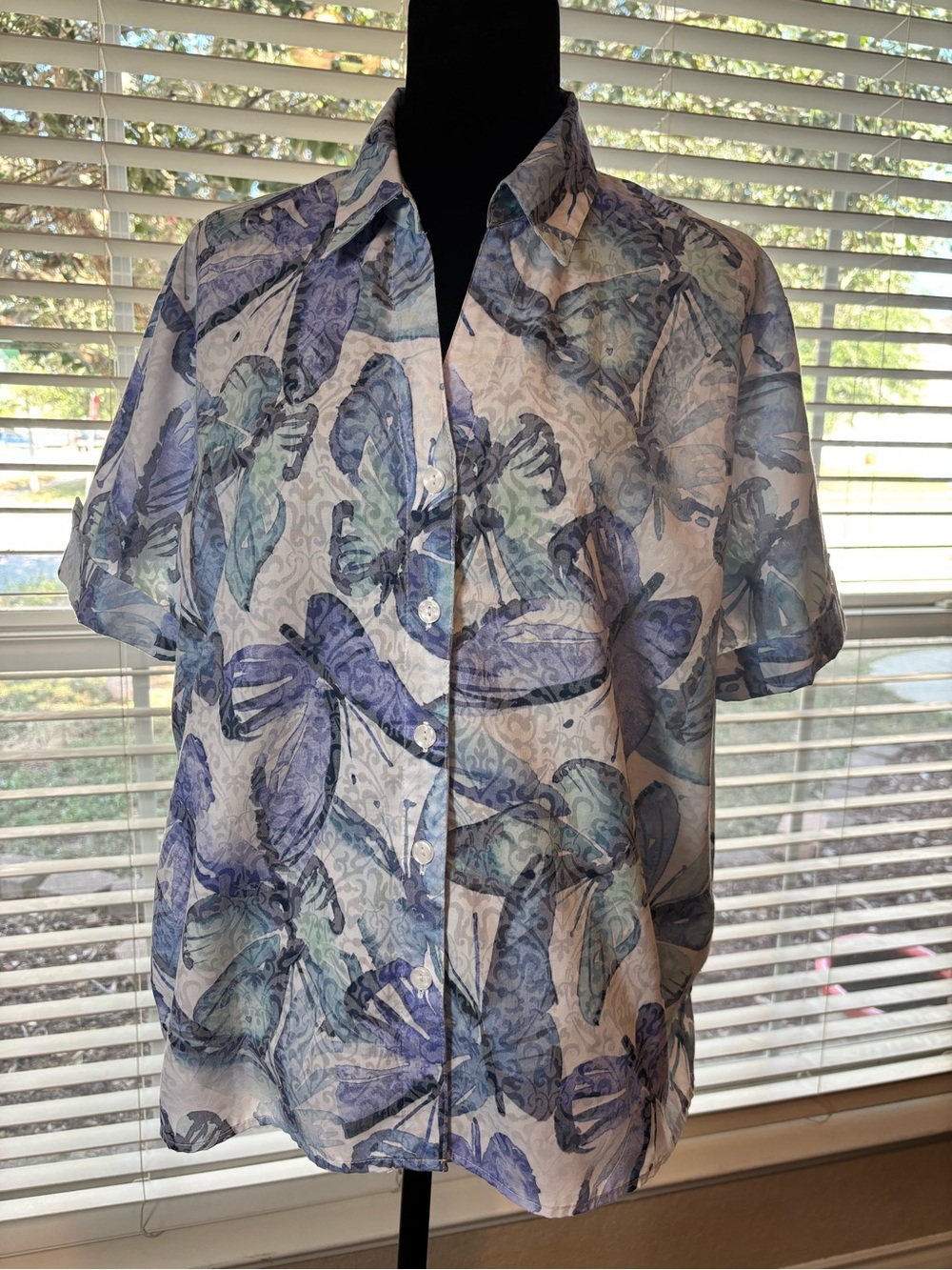 Alfred Dunner Short-Sleeve Butterfly Print Shirt in Blue and Light Teal